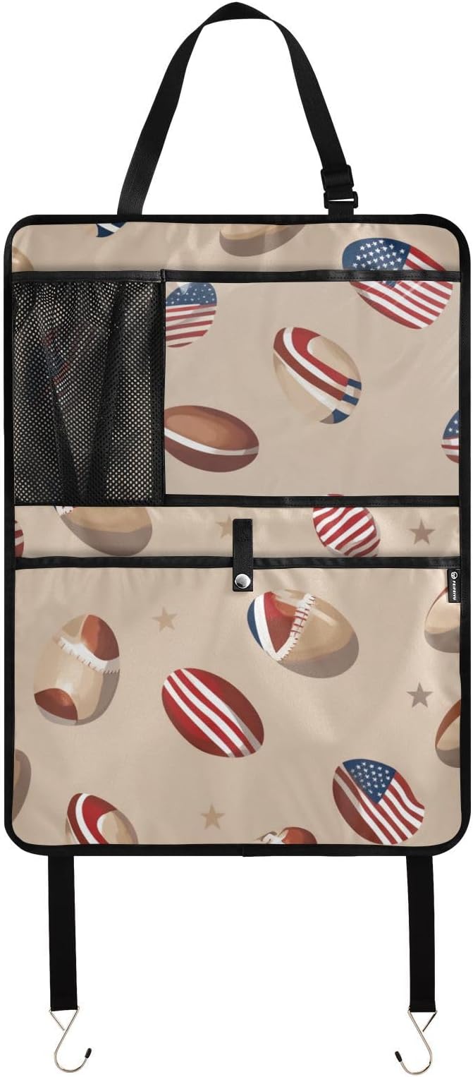 Brown Football and Flag 1 Pack Backseat Car Organizer with Storage Pockets Seat Back Organizers for Kids Kick Mats Backseat Protector Automotive