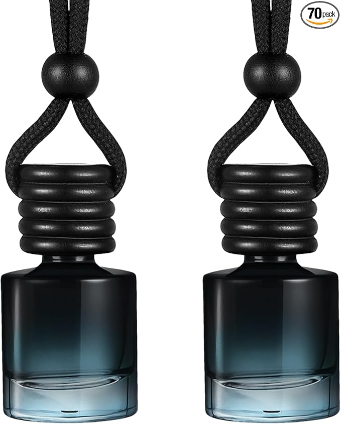 Domensi 70 Pieces Hanging Car Diffuser Air Freshener Bottle Bulk Empty Glass Refillable Perfume Bottles Oil Diffuser Aromatherapy Pendant for Auto Interior Ornaments Decor (Black)