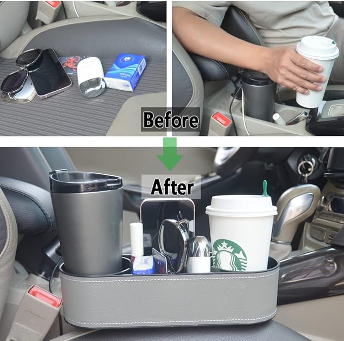 Car Cup Holder Expander Organizer,Multifunctional Cup Drink Holders with PU Leather Cover,Side Insert Center Console Seat Gap Filler Storage Box for Mug Bottle CellPhones Coffee Coasters Cards