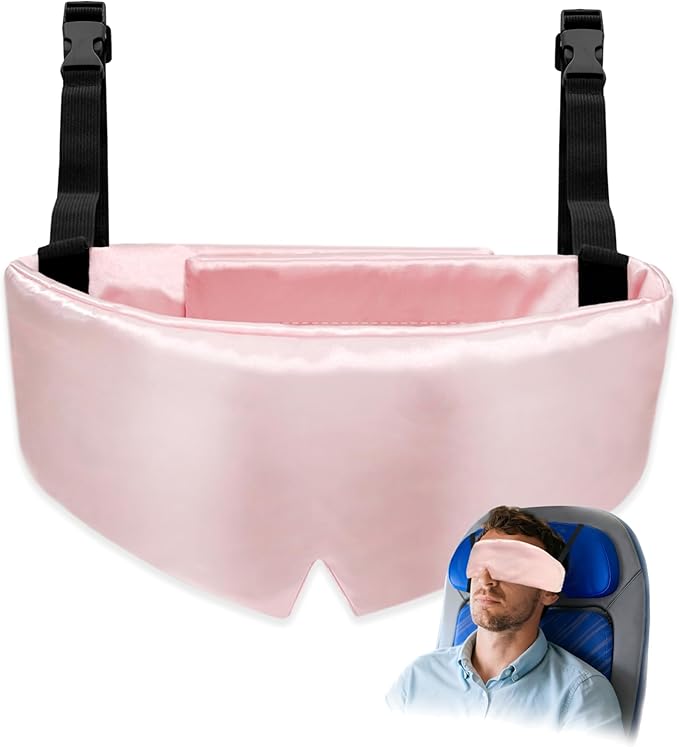 Travel Pillows for Airplanes, Airplane Head Strap with Silk Eye Mask for Sleeping, Long Flights & Car Road Trips 360°Headrest Neck Support, Stops Bobbing, Small & Compact (Pink)