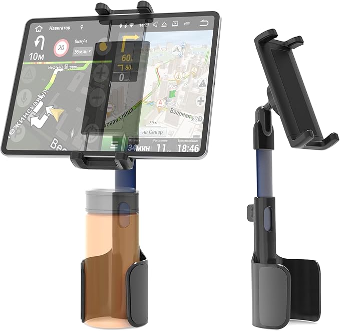 3 in 1 Car Tablet Cup Holder, Car Cup Tablet Mount for Car/Truck, Car Travel Essentials, Compatible with iPad Pro Air Mini, Fire HD, iPhone 16, Galaxy S24 Z Fold 5 or Other 4.7-12.9" Devices