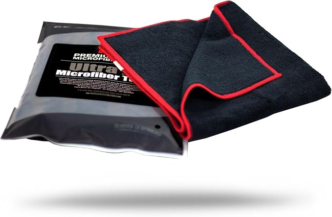 Maxshine Microfiber Detailing Towel 16” x 24” (330GSM) – Ultra-Soft Black Towel with Red Sewn Border | Lint-Free, Scratch-Free | Auto, Boat & Marine Polishing, Cleaning & Interior Detailing
