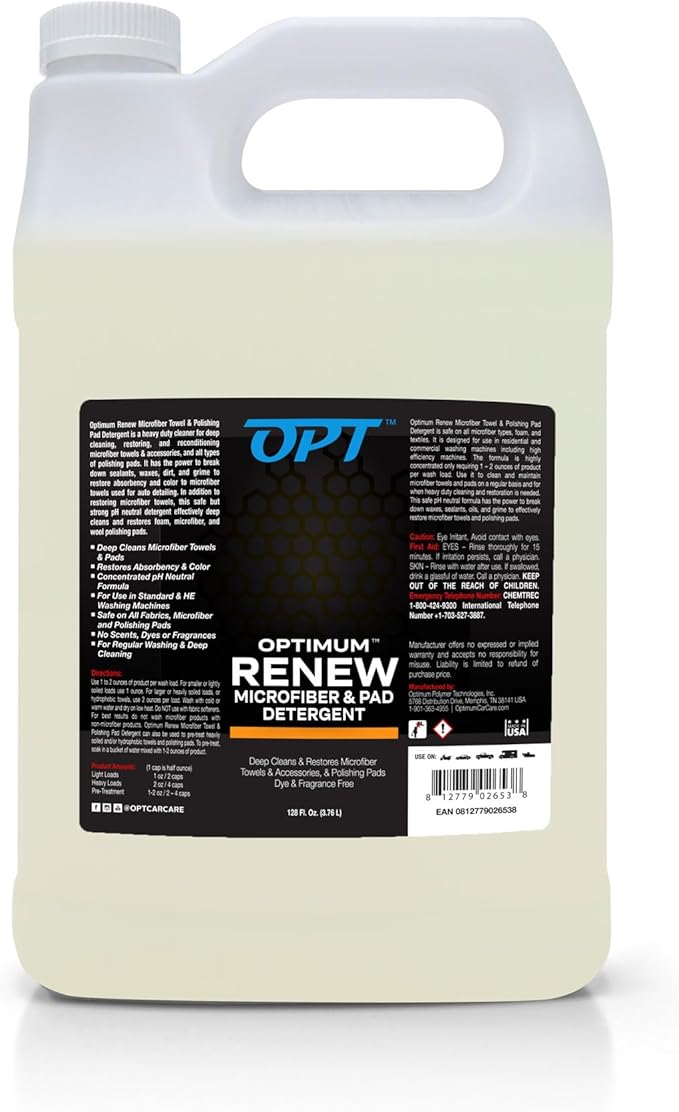 Optimum Renew Microfiber and Pad Detergent - Deep Cleans and Restores Microfiber Towels and Accessories and Polishing Pads, Dye and Fragrance Free  (1 Gallon)