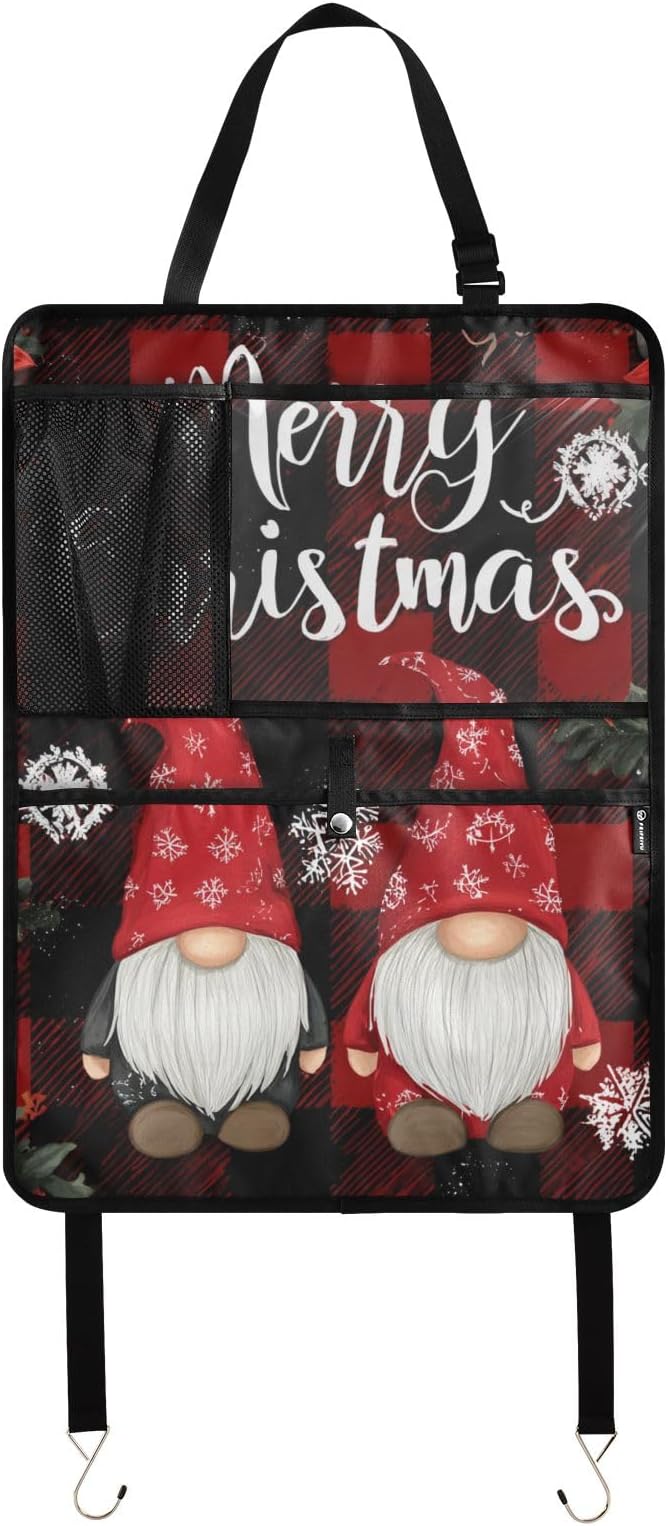 1 Pack Back Seat Car Organizer with Storage Pockets Kick Mats Back Seat Protector Hanging Car Organizer Automotive Seat Back Cover Organizers Red and Black Checkered Christmas Gnomes