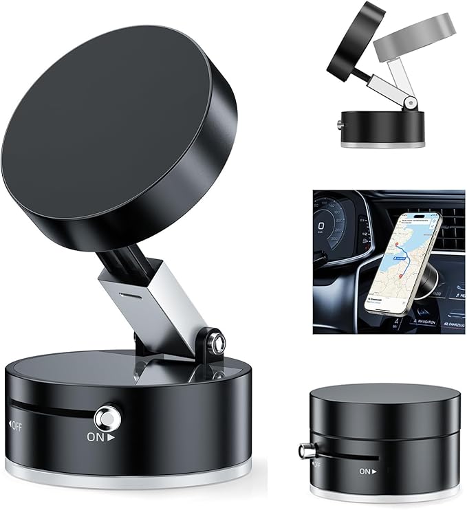 Vacuum Suction Magnetic Car Phone Holder Mount Fit All Phones,Adjustable Phone Holders for Your Car Home Office Smooth Surfaces,Metal Ring Stick Outside if Case Non-Magnetic (Upgraded)