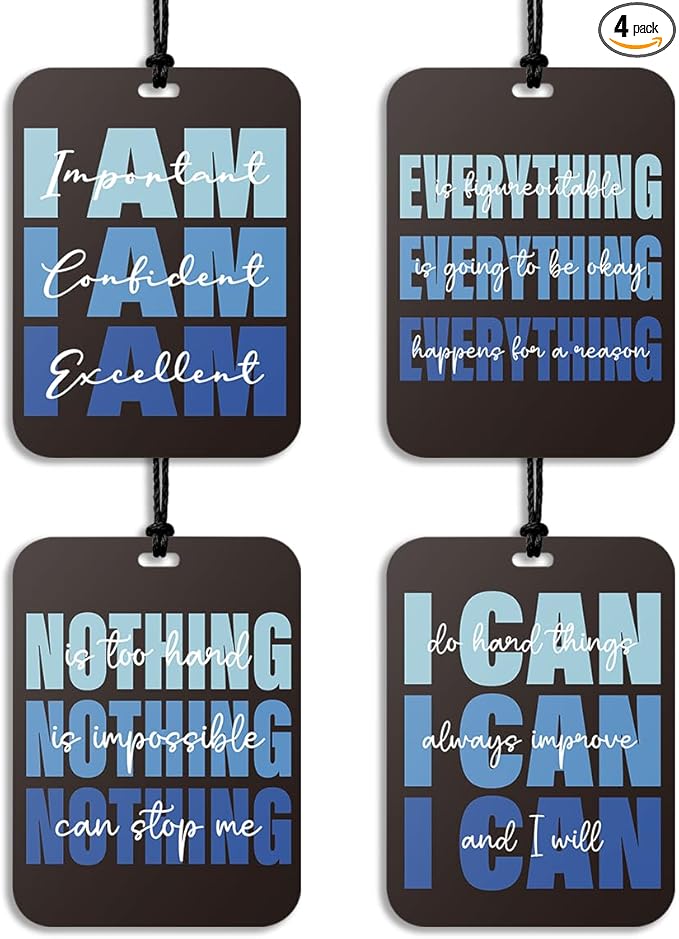 4Pcs Blue and Black Positive Affirmations Car Air Freshener Hanging Inspiration Car Accessories Gifts for Women Men Teen Boy Cute Air Freshener for Interior Car Mirror Home Wardrobe Decor