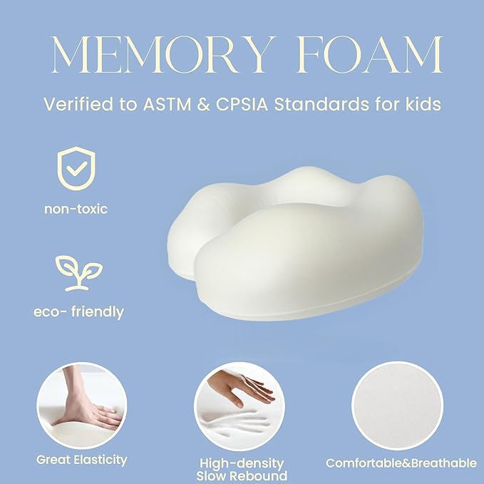 SKYTRAX® Certified Kids Safe Memory Foam Travel Neck Pillow for Kids and Toddlers, Cute Cartoon Design, Car Seat & Airplane Head Neck Support, Adjustable Snap Button, Washable Soft Cover (Butterfly)