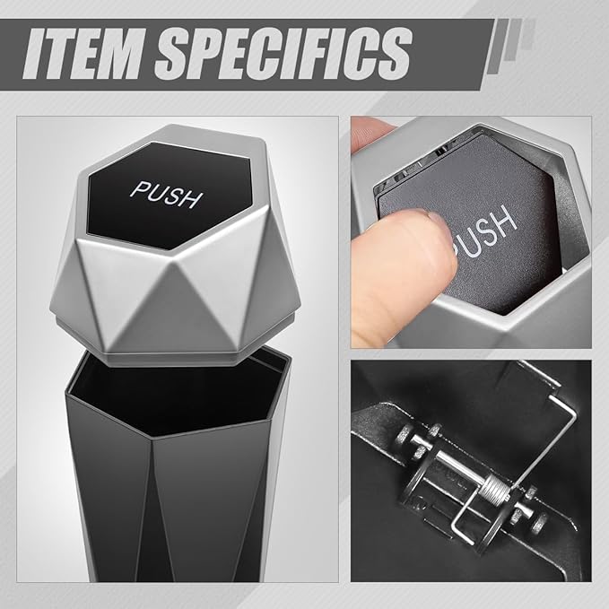 Auto Dynasty Car Trash Can with Lid, Compact 3" Garbage Bins Bottle Holder, 0.5L Capacity Car Interior Storage Organizer Container for Home Office, Silver