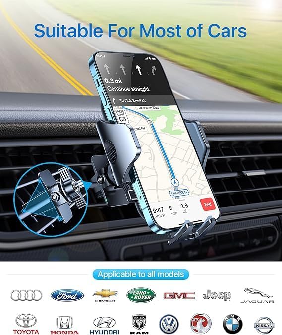 andobil 2025 Upgraded Car Phone Holder Mount for Vent, Military Sturdy Metal Clip Air Vent Phone Holder for Your Car Easy Used Cell Phone Car Mount for iPhone 16 15 14 13 12 Pro Max Samsung Grey