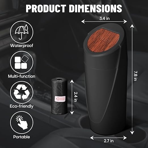 Car Trash Can Bin with Lid - Car Garbage Can Cup Holder - Mini Leakproof Vehicle Garbage Bin with 20pcs Trash Bags-Automotive Organizers and Storage for Front Back Seat Accessories(Wood Grain Lid)