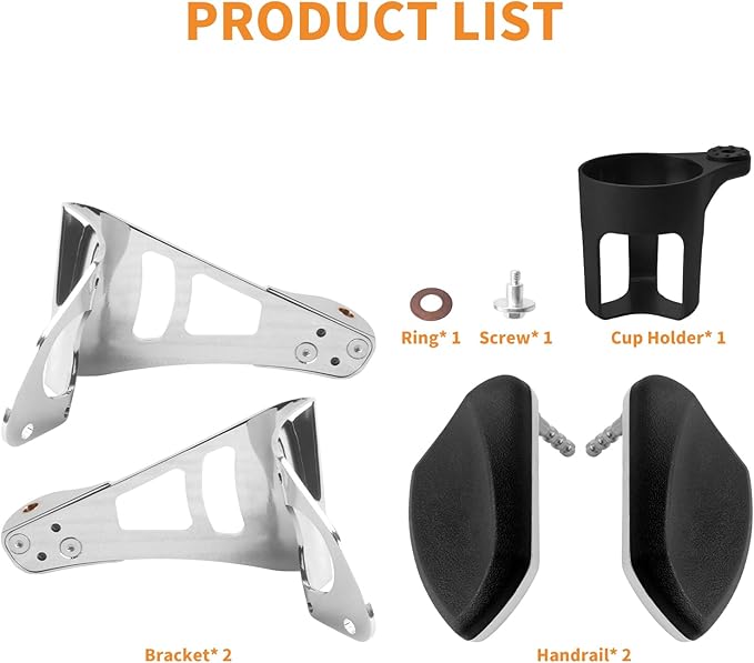 Passenger Armrests with Adjustable Cup Holder Fit for Harley Touring Electra Glide FLHT, Road Glide Ultra FLTR, Tri Glide FLHTCUTG 2014-2024 (Chrome)