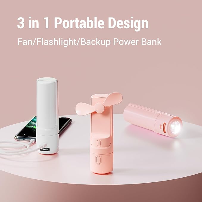 Airluxe Mini 3-in-1 Portable Fan Rechargeable- Handheld Fan with 35-Hour Battery Life, Fast Charging Power Bank&Flashlight- Personal Fan for Travel, Vacation, and Festival Essentials Pink