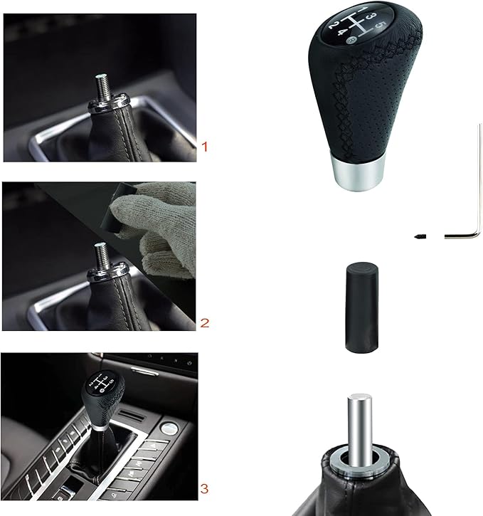 Lunsom 5 Speed Shift Knob, Leather Gear Shifter Knob Alloy Shifting Lever Head Handle Shifting Replacement Head Fit Manual Transmission Vehicles (Black Suture)