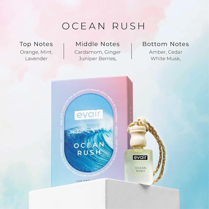 Evair Hanging Car Air Freshener | Car Accessories Interior | Car Perfume Aroma with Essential Oils Fragrance in Glass Bottle with Wooden Diffuser Lid | 10 ml- Pack of 2 (Sandalwood & Ocean Rush)