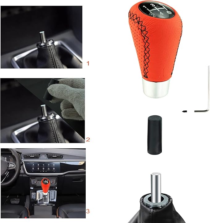 Lunsom 5 Speed Shift Knob, Leather Gear Shifter Knob Alloy Shifting Lever Head Handle Shifting Replacement Head Fit Manual Transmission Vehicles (Red)