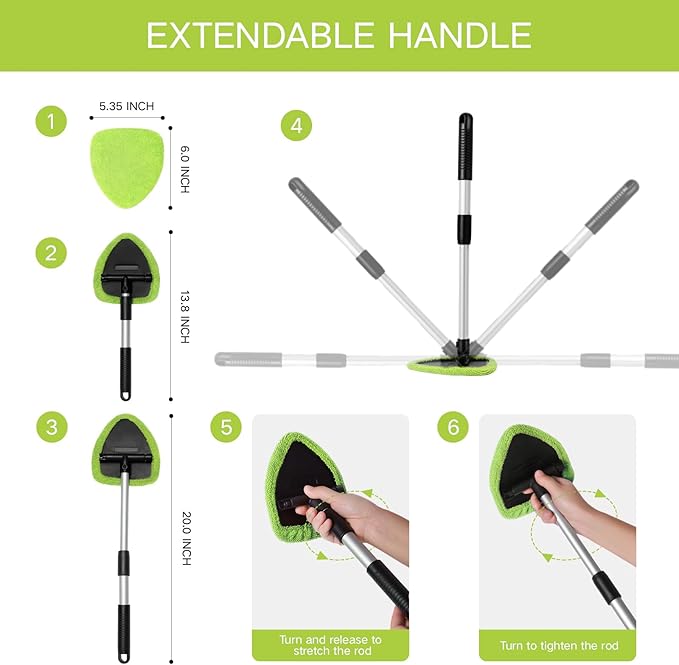 10pcs Windshield Cleaning Tool Inside Car Window Cleaner Wash Kit with 4 Reusable Microfiber Pads 1 Spray Bottle and Extendable Handle Interior Auto Glass Wiper Kit, Green