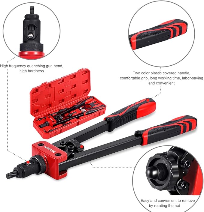 AOBEN 14" Rivet Nut Tool, Professional Hand Rivet Nut Setter Kit Labor-Saving and Compact Design Including 6 Interchangeable Mandrels 90pcs Rivnuts and 2 Mandrel Lock Pins