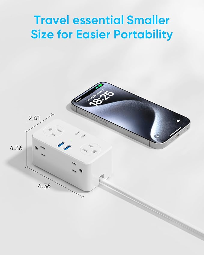 European Travel Plug Adapter, EU/UK/US Travel Adapter Power Strip, 6 AC Outlets, 20W USB C Power Delivery, 3ft Wrapped Around Extension Cord, Compact for Travel