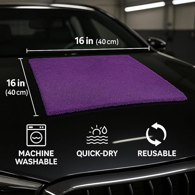 10 Pack Pak Details Edgeless Microfiber Towels for Cars | 16x16 Ultra-Soft, Scratch-Free & Lint-Free Car Detailing Microfiber Cloths for Buffing & Coating | Purple Seamless Finish Auto Cleaning Rags