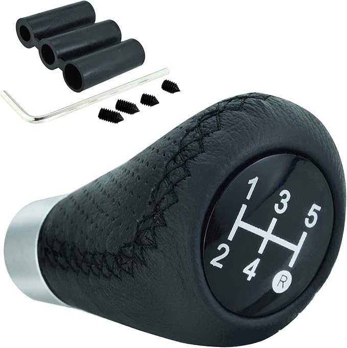 Lunsom 5 Speed Shift Knob, Leather Gear Shifter Knob Alloy Shifting Lever Head Handle Shifting Replacement Head Fit Manual Transmission Vehicles (Black Suture)