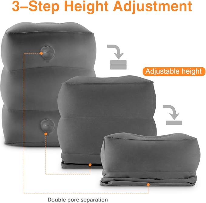 Maliton Inflatable Foot Rest Pillow for Travel,Kids Airplane Bed,Adjustable 3 Layers Height Leg Pillow of Air Travel Essentials,Car, Office, Home - Fast Inflation (Dark Grey)