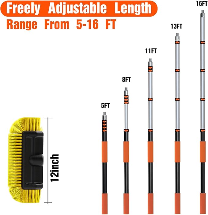16FT Car Wash Brush with Long Handle, Car Cleaning Brush with 12 Inch Soft Bristle, Solar Panels Cleaner with Telescoping Pole for RV, Truck, Boat, House Siding