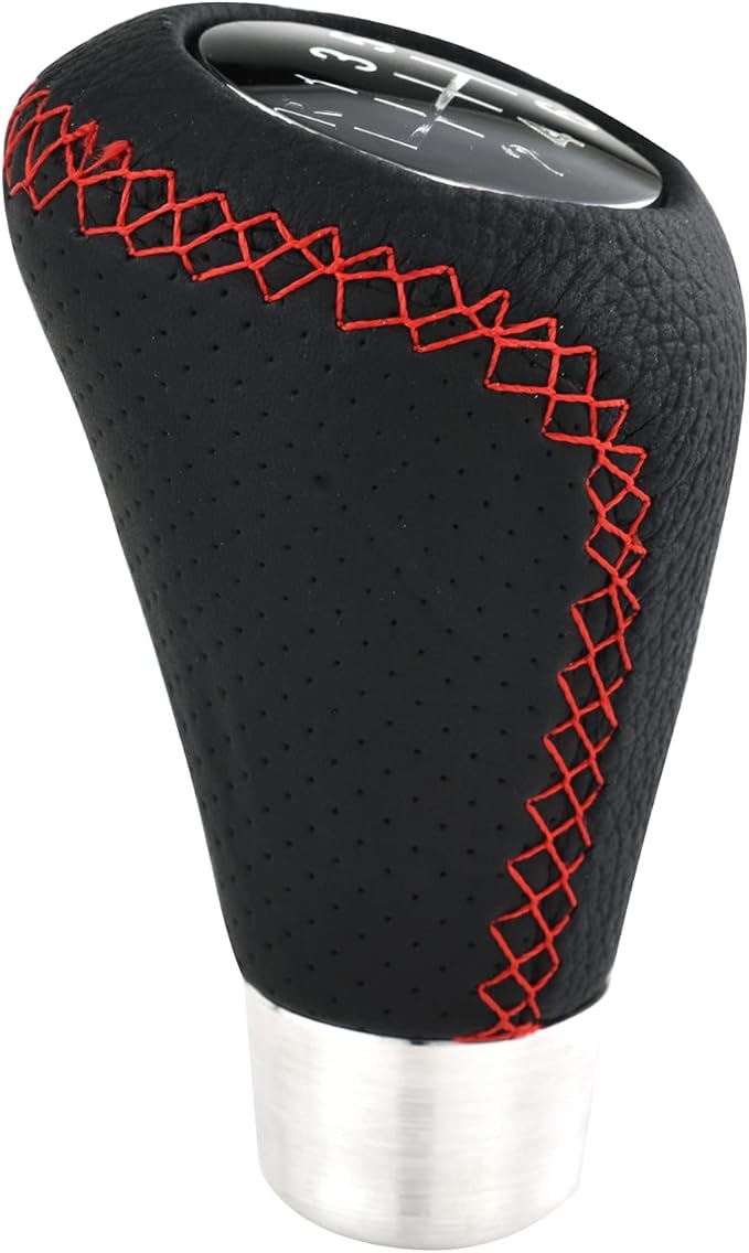 Lunsom 6 Speed Manual Shifter Knob PU Gear Shift Handle Leather Car Shifting Lever Head Accessories Fit Most Vehicle (Red Suture)