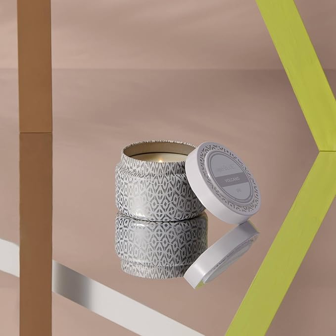 Capri Blue Volcano Printed Travel Tin Jar Candle - Luxury Candle with a Long Lasting Soy Wax Blend - Scented with Tropical & Fruity Fragrance (White Color, 8.5 oz)