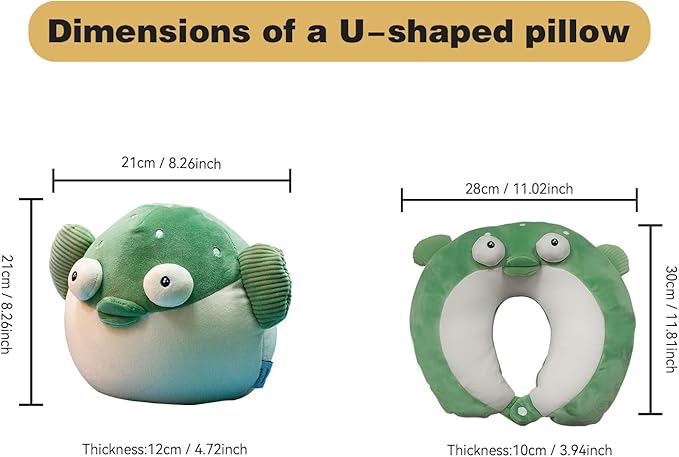 Kids Travel Pillow - 2-in-1 Deformable Kids Neck Pillow for Traveling, Soft U-Shaped Pillow with Adorable Animal Design, Comfy Sleep and Play, Ideal for Airplanes and Traveling (Green Fish)