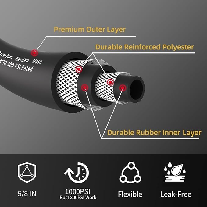 Heavy Duty Premium Garden Hose 5ft x 5/8", 300PSI Working, 1000PSI Burst, Hybrid Rubber Water Hose with Transparent Swivel Handle - Hot/Cold Water - Five Layered Braiding with Brass fittings (Black)