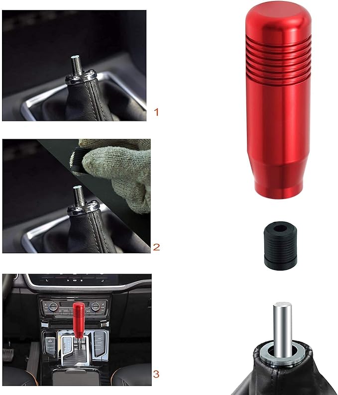 Lunsom Short Weighted Shifter Knob, Aluminum Alloy Shifter Head Lever Shifting Handle Car Gear Stick Knobs with 3 Adapters Fit Most Auto Manual Transmission Vehicle (Red)