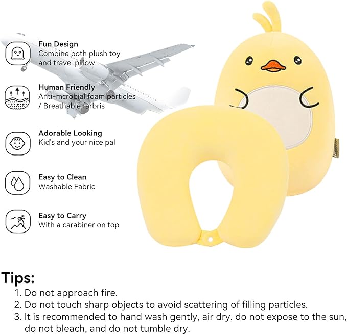 Kids Travel Pillow - 2-in-1 Deformable Kids Neck Pillow for Traveling, Soft U-Shaped Pillow with Adorable Animal Design, Comfy Sleep and Play, Ideal for Airplanes and Cars - Yellow Duck