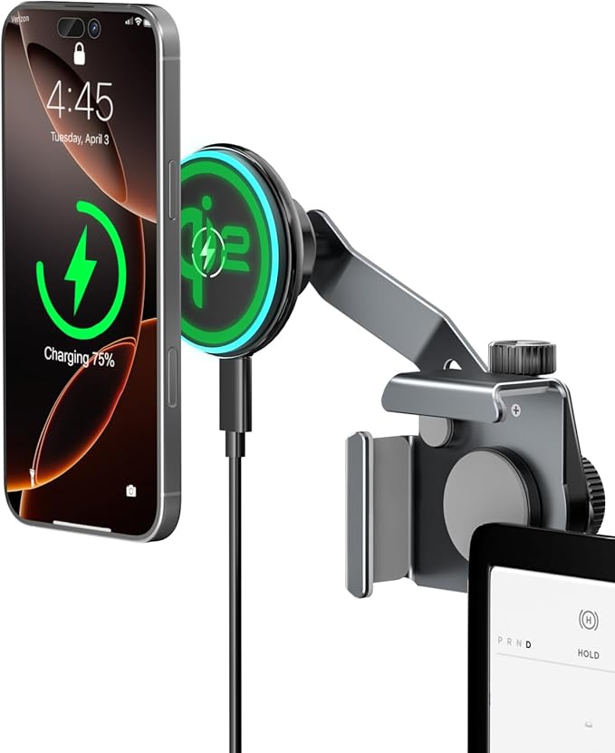 CloudValley Qi2 15W Wireless Charger Phone Mount for Tesla Model Y/3,【Extendable Metal Holder】 Compatible with iPhone MagSafe, Magnetic Adjustable Car Holder for Tesla Model 3 Highland/Y Juniper