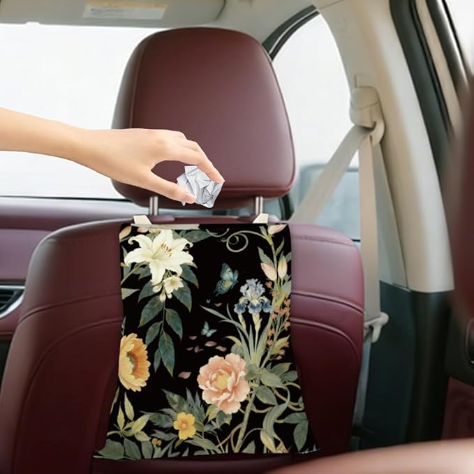 Car Trash Can Rose Floral Car Trash Bag Hanging Vintage Flowers Pattern Polyester Washable Waterproof Cute Organizer Storage Can for Vehicle Interior Travel Accessories Reusable Leak Proof