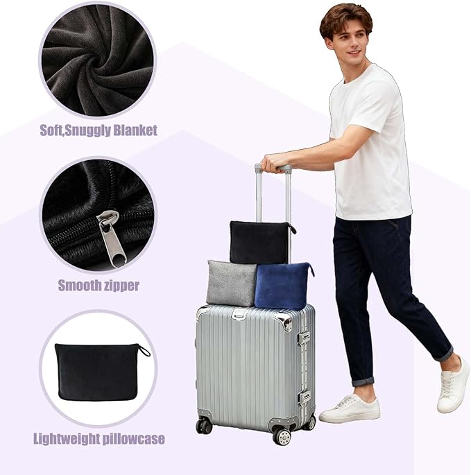 Travel Blanket and Pillow - Premium Soft 2 in 1 Airplane Compact with Soft Bag Pillowcase, Plane Blanket Compact Packable, Travel Essentials Accessories for Plane and Car, 60x80 Black