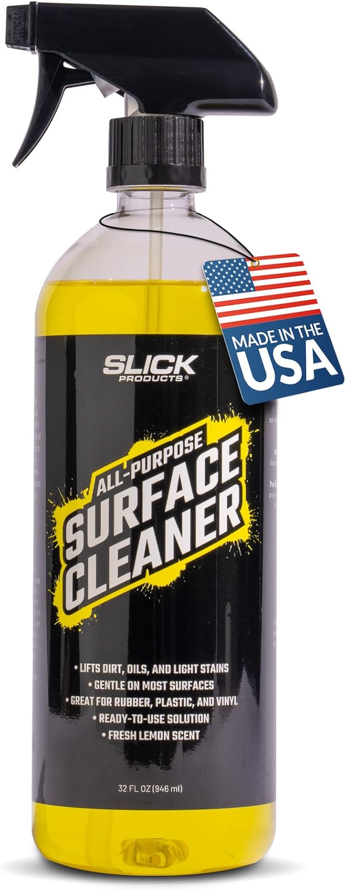 Slick Products All-Purpose Surface Cleaner – Multi-Surface Car Interior & Exterior Cleaner for Vinyl, Plastic, Rubber, Carpet & Upholstery – Fresh Lemon Scent – 32 oz.