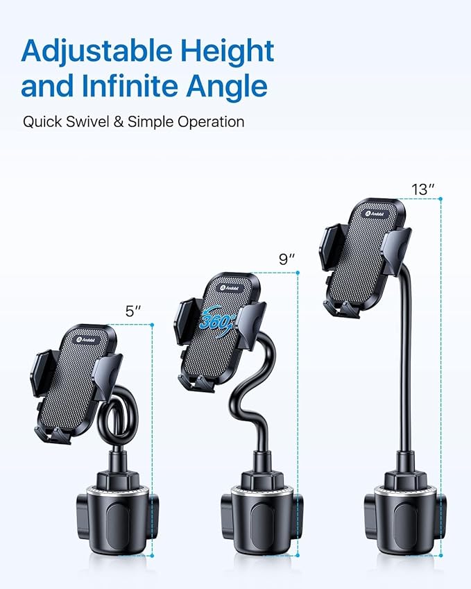 andobil Military-Grade Cup Phone Holder for Car/Truck, [2026 Enhanced] 13" 360° Adjustable Gooseneck w/Anti-Shake Car Mount, Universal Car Phone Holder for iPhone/Samsung/Pixel All 4.0-7.0" Devices