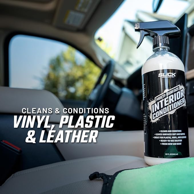 Slick Products Multi-Surface Interior Conditioner – Cleans & Conditions Vinyl, Plastic & Leather – Non-Greasy Car Interior Cleaner & Protectant – Fresh New Car Scent – 128 oz.