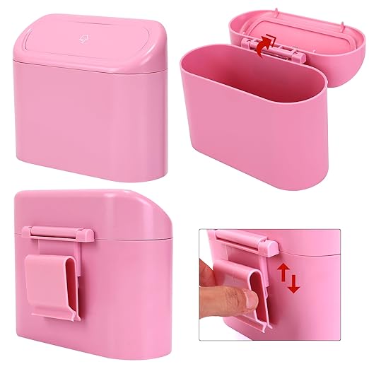 Ginsco 2 Pack Mini Car Trash Can with Lid, Small Car Garbage Can, Cute Leakproof ABS Trash Bin, Auto Accessories for Interior, Garbage Bin for Home, Office with 120pcs Trash Bags Pink