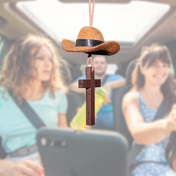 Cowboy Hat Car Hanging Charm with Cross, Felt Miniature Western Country Vehicle Rear View Mirror Pendant, Cute Mirror Decor Ornament, Universal Automotive Interior Accessories (Coffee)