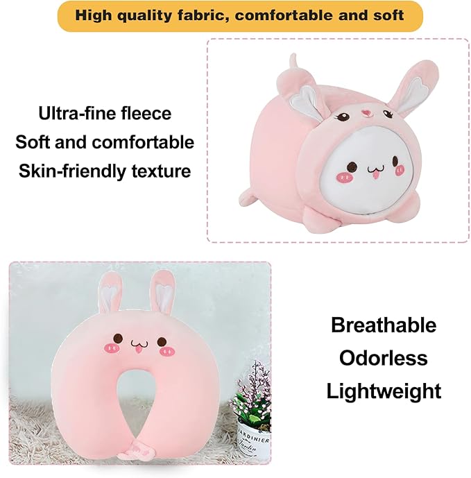 Kids Travel Pillow - 2-in-1 Deformable Kids Neck Pillow for Traveling, Soft U-Shaped Pillow with Adorable Animal Design, Comfy Sleep and Play, Ideal for Airplanes and Traveling (QQ Pink Rabbit)