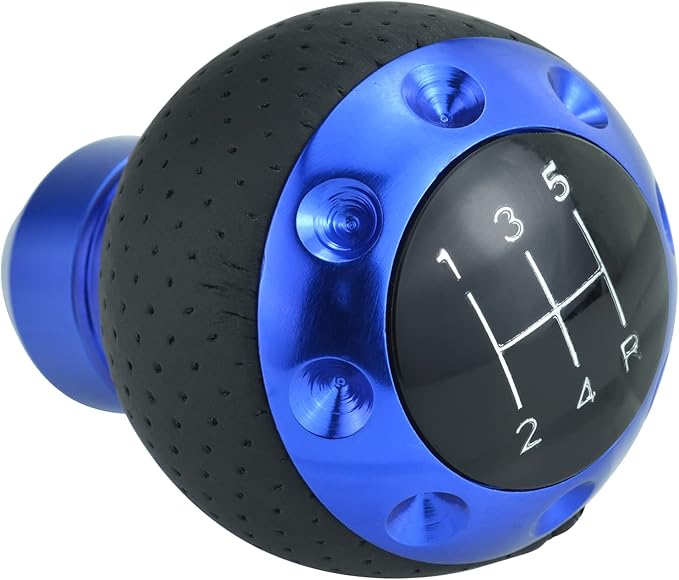 Lunsom 5 Speed Leather Shift Knob, Manual Transmission Handle Ball Gear Stick Shifter Head Fit Most Transmission Vehicle (Blue&Black)