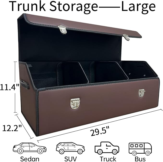 Trunk Organizer for Car With Lid,Foldable Trunk Organizer for SUVs & Sedans,Multi-Functional Leather Storage Box- Brown - Large