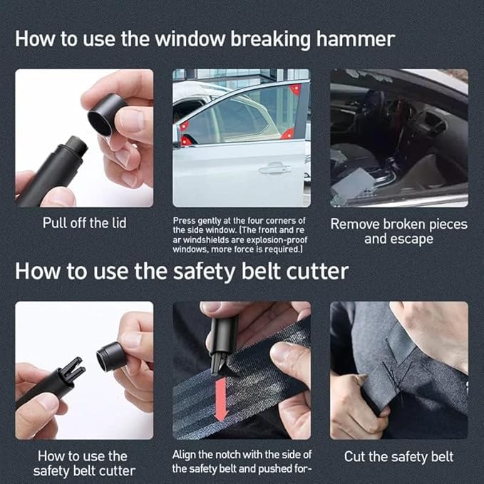 4 PCS Life Hammer Car Escape Tool and Seatbelt Cutter, Safehammer Glass Breaker, Glass Hammer with Test Glass for Land and Underwater