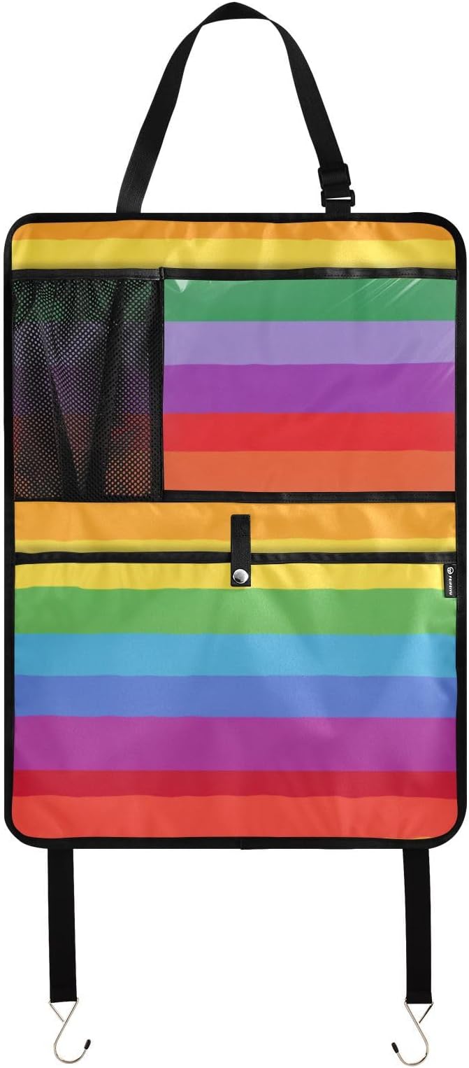 1 Pack Back Seat Car Organizer with Storage Pockets Kick Mats Back Seat Protector Hanging Car Organizer Automotive Seat Back Cover Organizers Vibrant Colorful Stripes