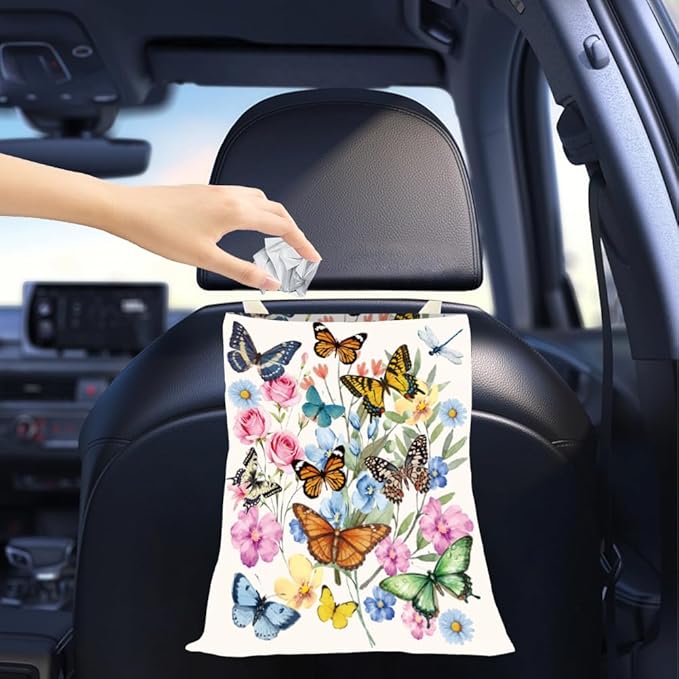 Car Garbage Bag Hanging Butterfly Car Trash Can Flowers Insect Pattern Polyester Washable Waterproof Cute Organizer Storage Bin for Vehicle Interior Travel Accessories Reusable Leak Proof