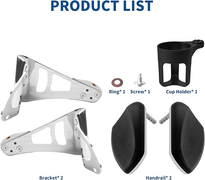 Adjustable Passenger Armrests with Cup Holder for Motorcycle Accessory Compatible with Harley Touring Electra Glide Road Glide Ultra Tri Glide 2014-2024 (Chrome)