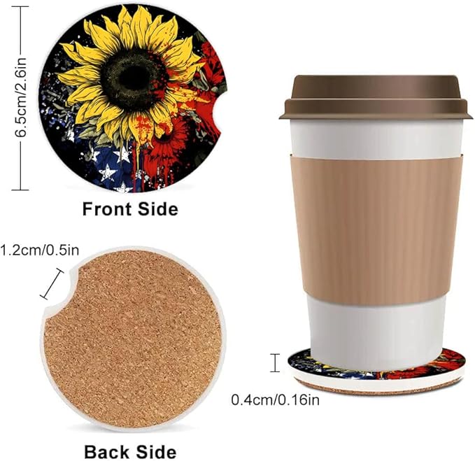 Ceramic Cup Holders Car Coasters for Women/Men,Cute Absorbent Drink Cup Car Holder Coasters with A Finger Notch 2.56" Pack of 2, Sunflower Flag Stars Stripe