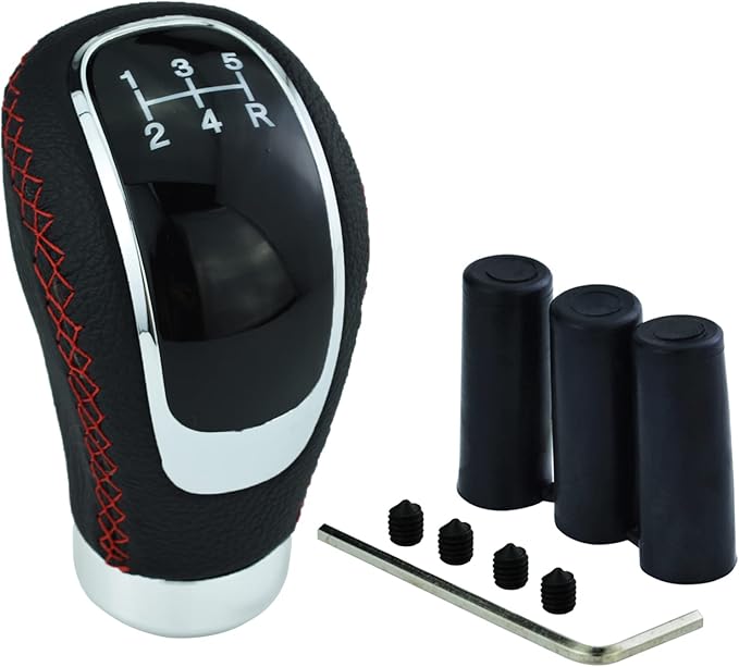 5 Speed Car Shifter Knob PU Leather Gear Lever Handle Car Transmission Stick Head for Most Manual Automotive Vehicles (Red Stitches)