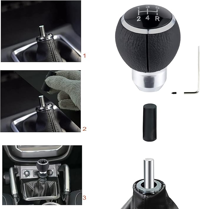 Lunsom Leather Stick Gear Knob 5 Speed Shifter Knobs Alloy Car Shifting Lever Head Fit Manual Automatic Transmission Vehicle (Black)
